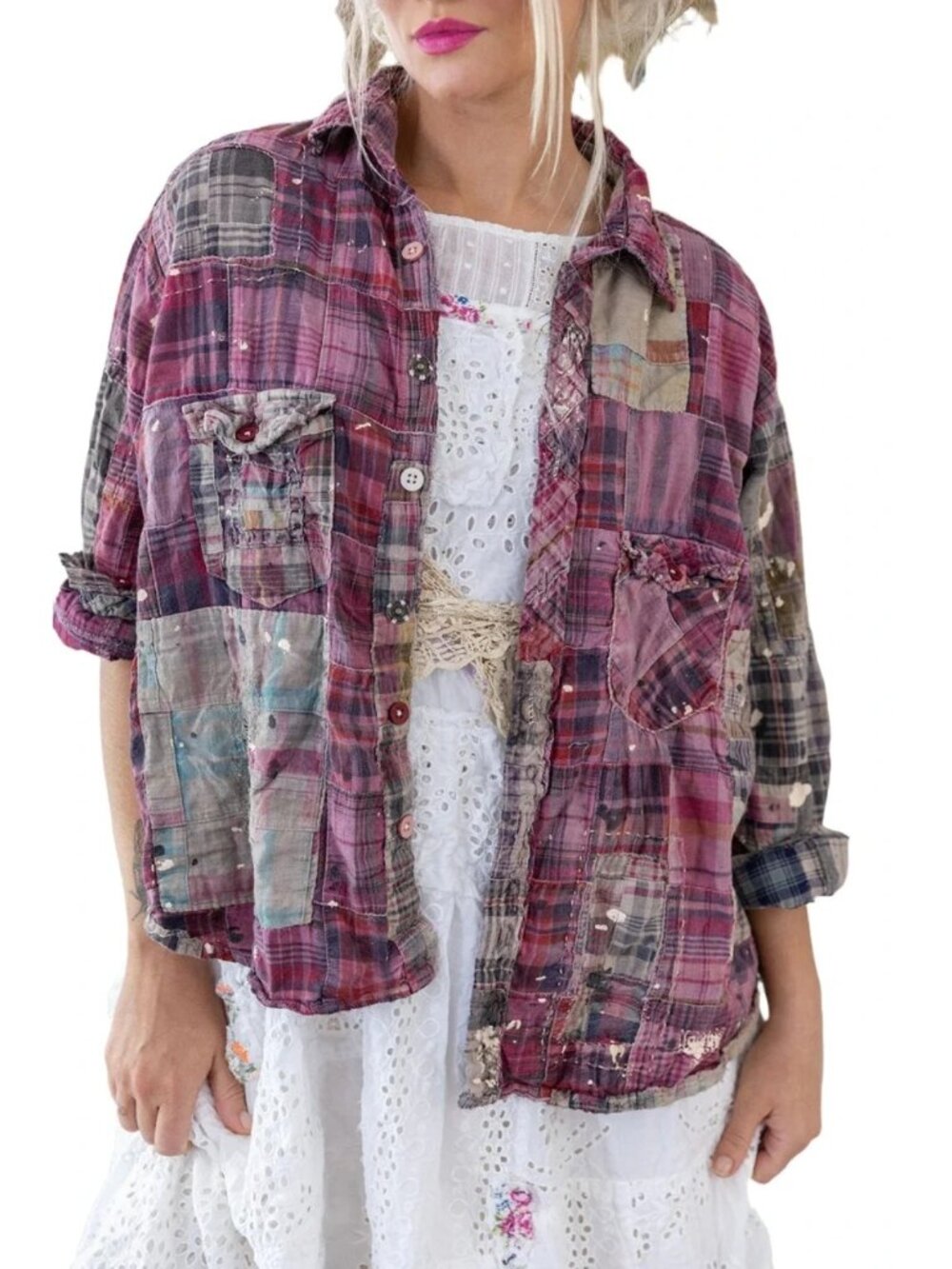 Magnolia Pearl Pink Patchwork Madras Kelly Western Shirt 100% Cotton Distressed